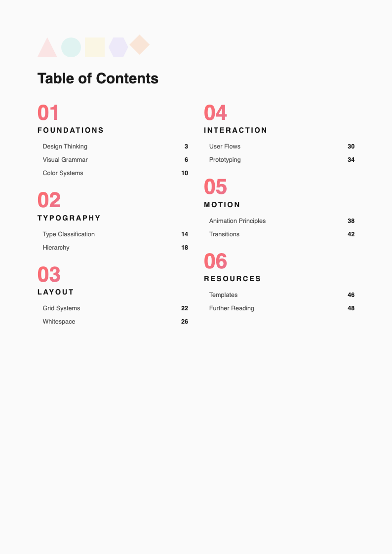 Abstract geometric table of contents